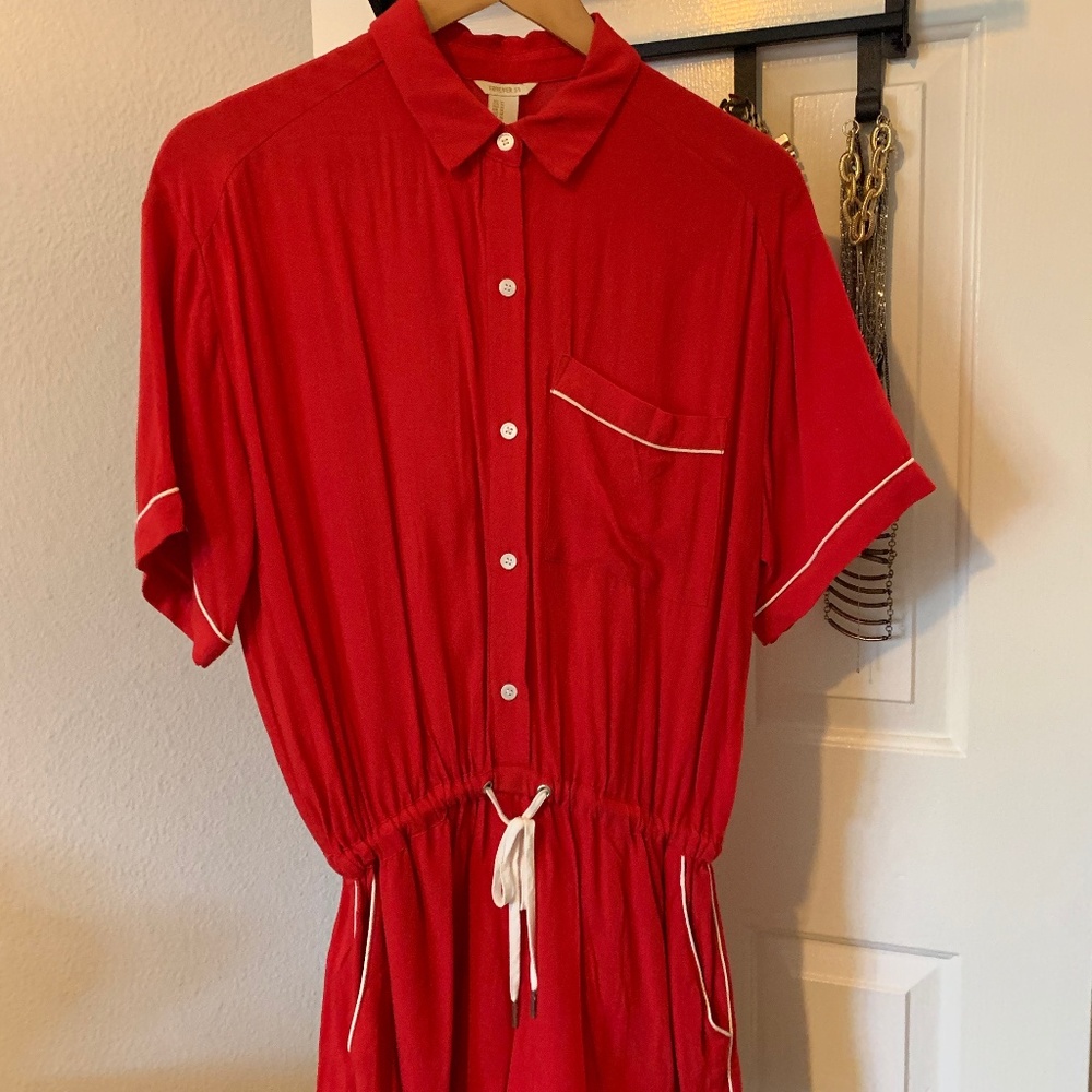 Red Romper with White Piping and Pockets